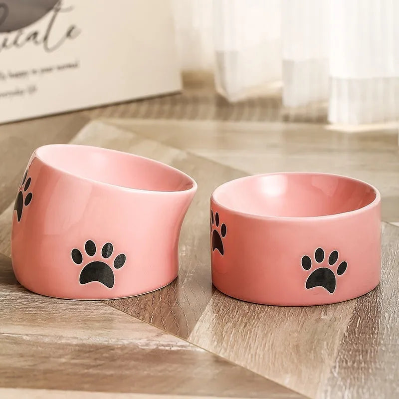 Ceramic cat food bowl with high foot and cat's paw print in chosen colour.