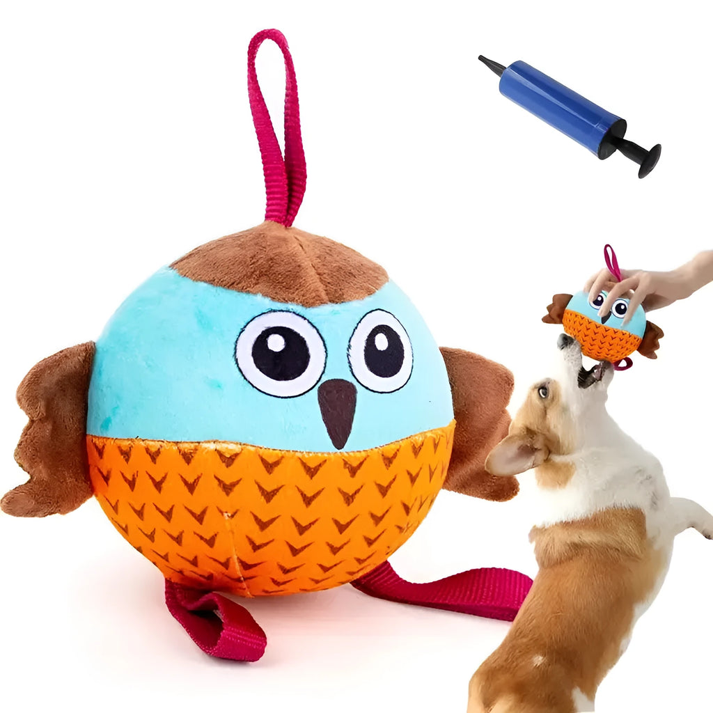Orange Owl Ball interactive dog toy with velvet surface and rubber core on white background