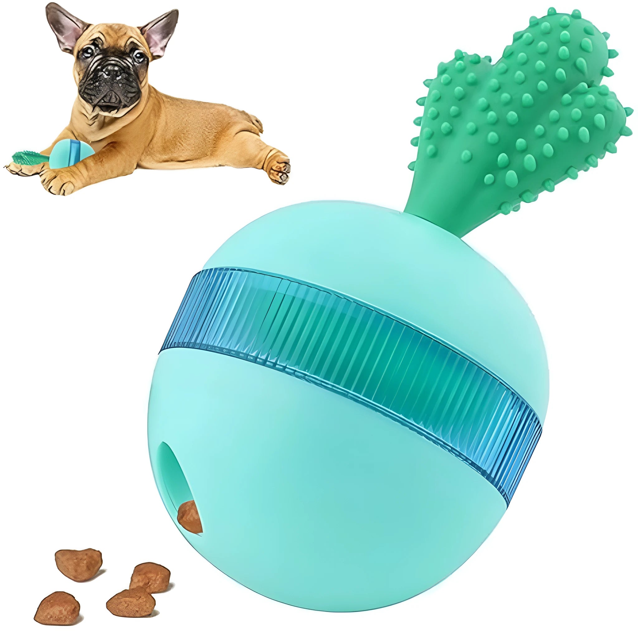 Blue and green durable rubber interactive dog treat dispensing puzzle ball for medium large dogs