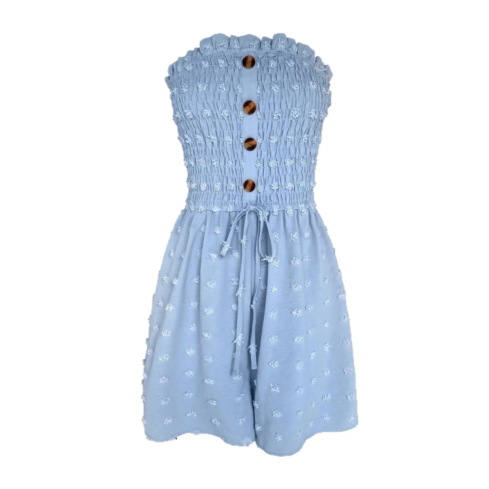 Women's off-shoulder sleeveless jumpsuit in blue polyester with button detail and mid-waist ankle-length design