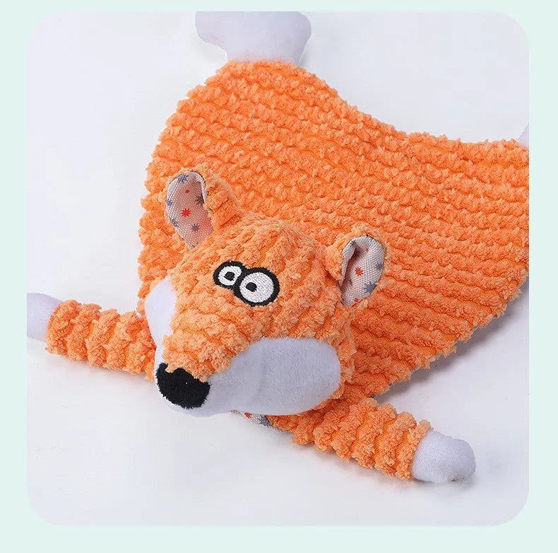Brown, grey, and orange fox and elephant pet stuffed toys with velvet fabric and sound paper