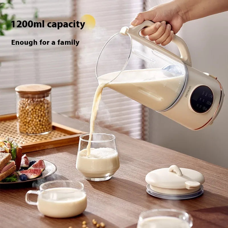 Milky white automatic cytoderm breaking soybean milk maker with glass body and touch control panel.