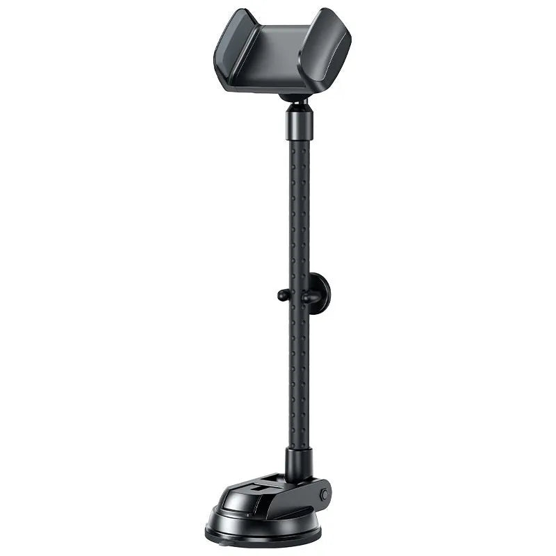 Black rotating metal car phone bracket with multi-angle adjustment for universal phone mounting