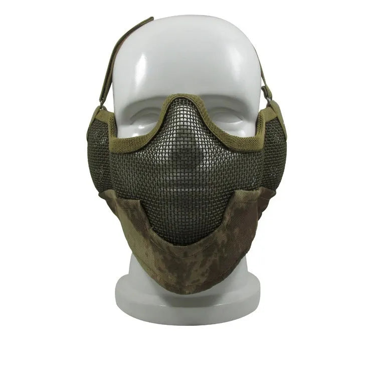 Carbon steel mesh face mask in black with head-mounted straps for outdoor anti-collision use
