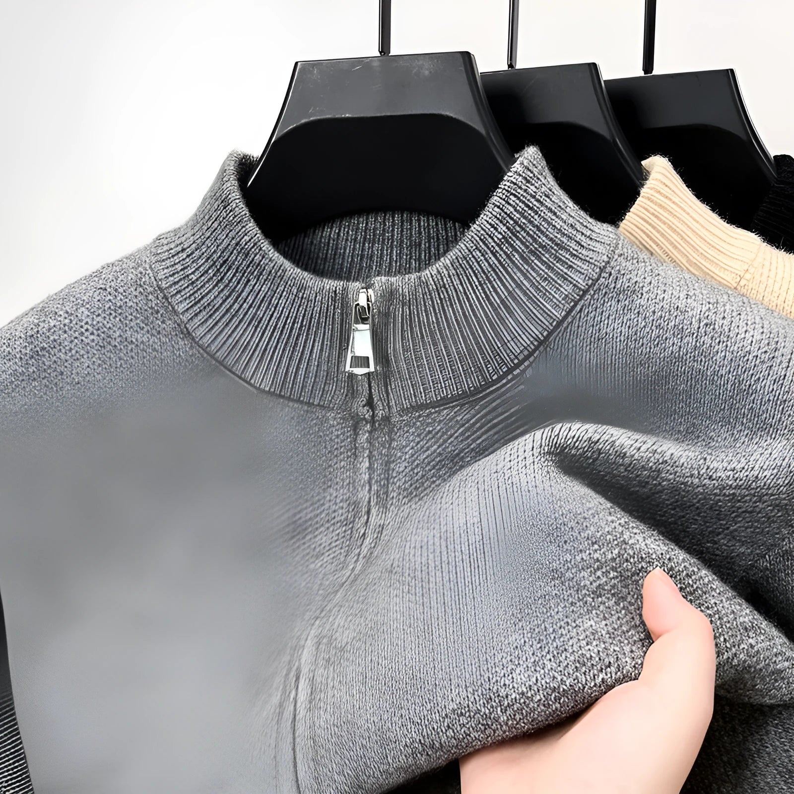 Men's stand collar knitted zipper cardigan in loose fit available in black, grey and beige