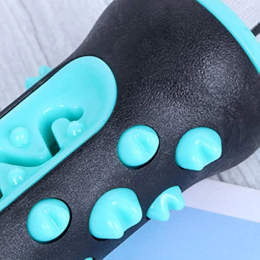 Natural rubber dog dental chew toy in blue, showing textured cleaning surface and size.