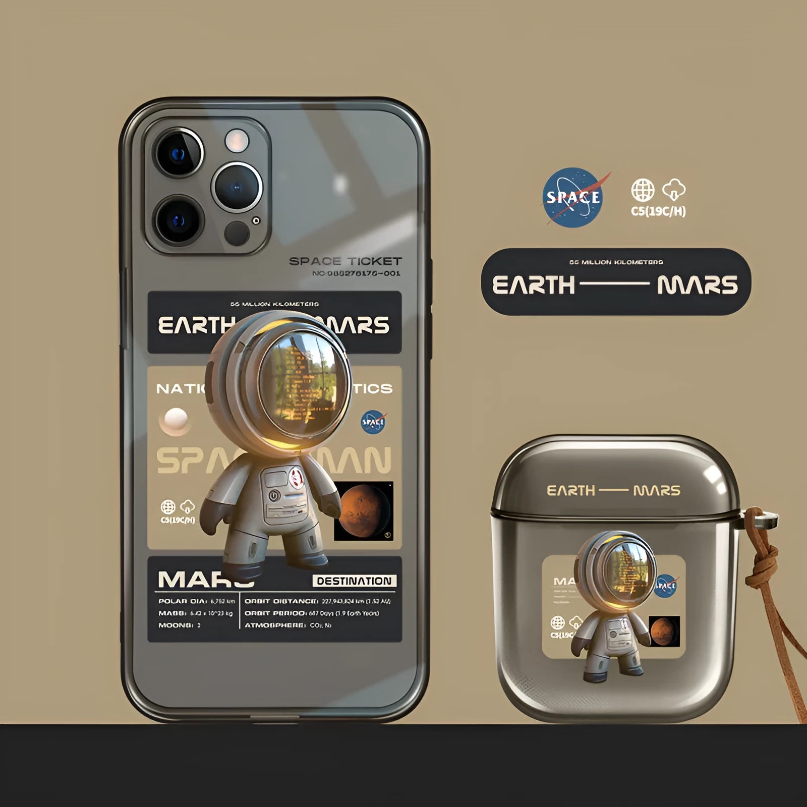 Black TPU protective phone case for Apple iPhone with Mars Ticket or Oasis Flight decorative print.