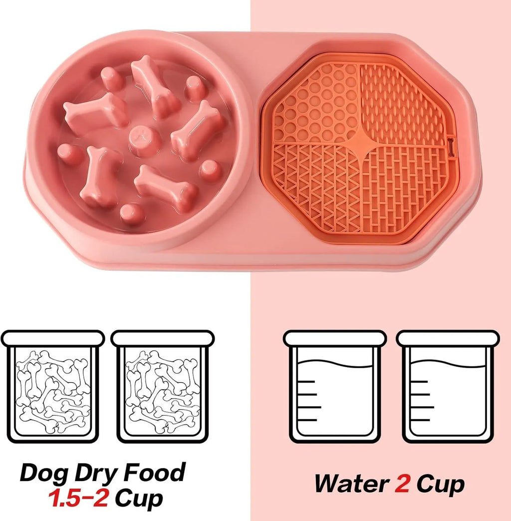 Blue green pink or yellow slow feeder dog bowl with puzzle channels and non-slip base