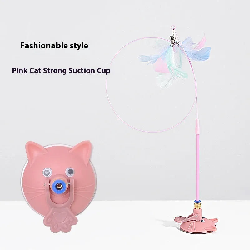 Cat teaser wand toy with suction cup base and colourful cat face attachment