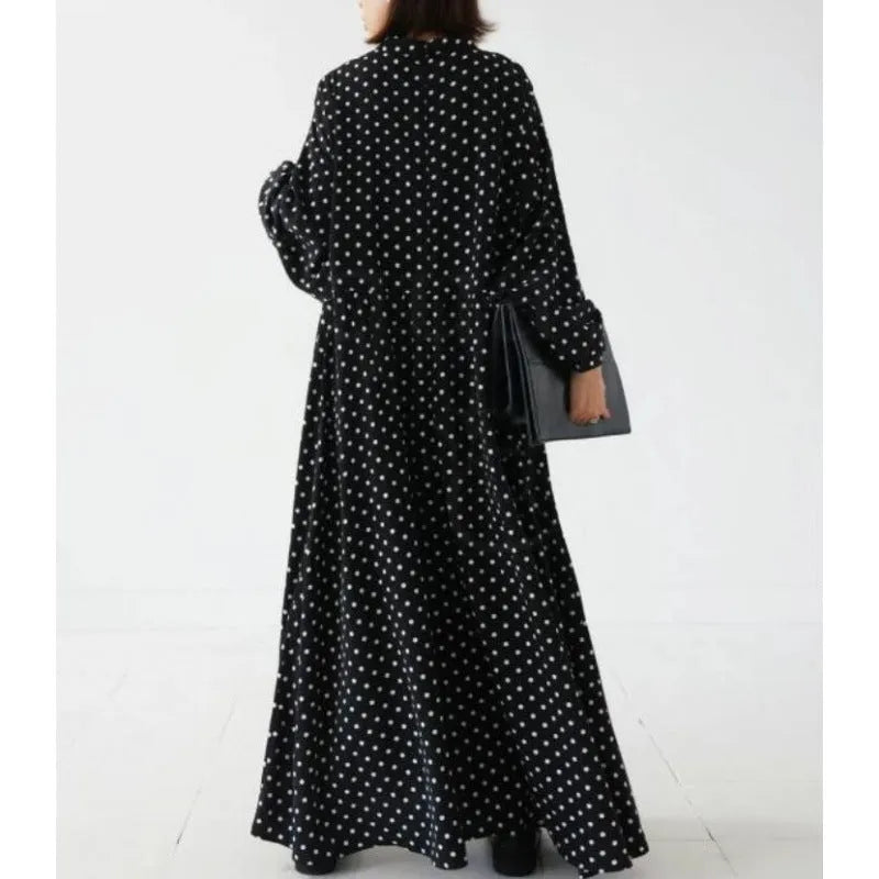 Plus size polka dot long sleeve Korean satin dress with flounced skirt and lantern sleeves in polka dot colour