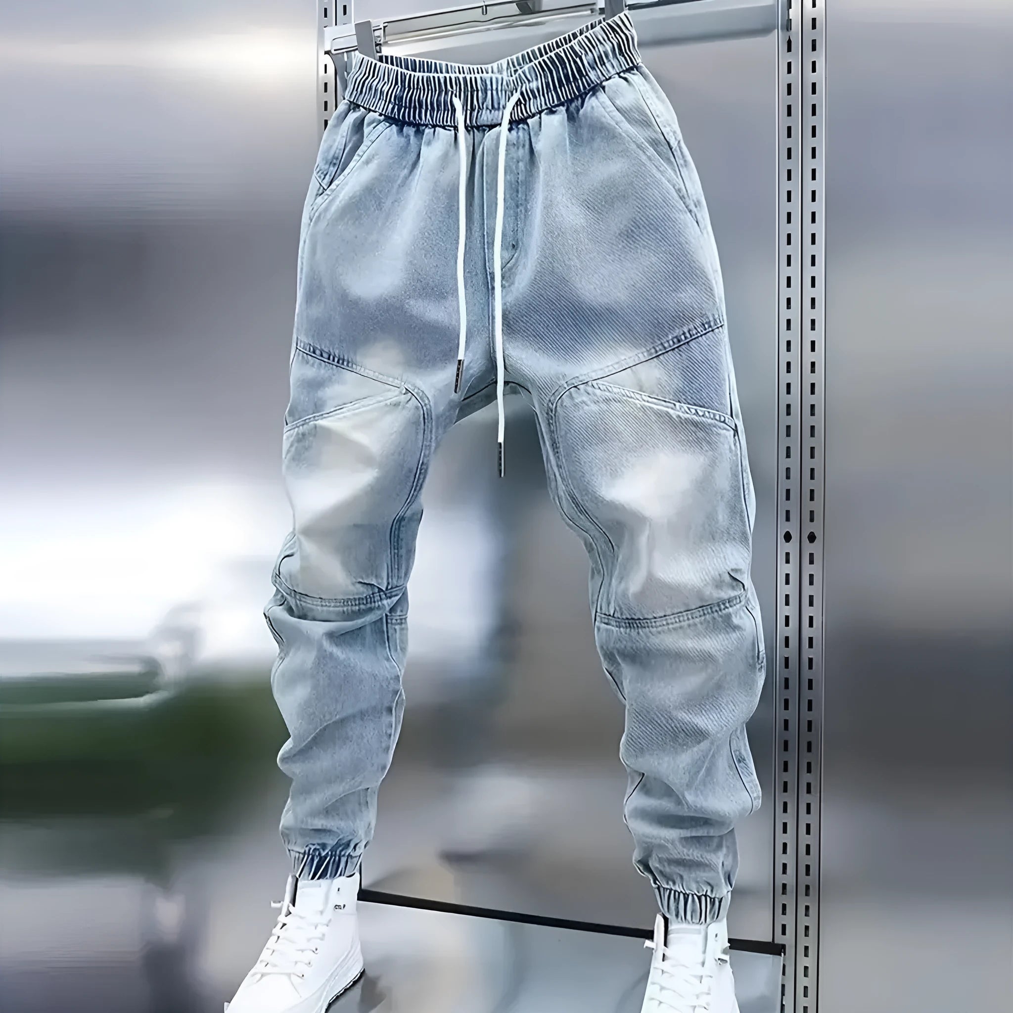 Men's light blue micro-elastic cotton denim pencil trousers with drawstring waist and elastic ankle bands on a model.