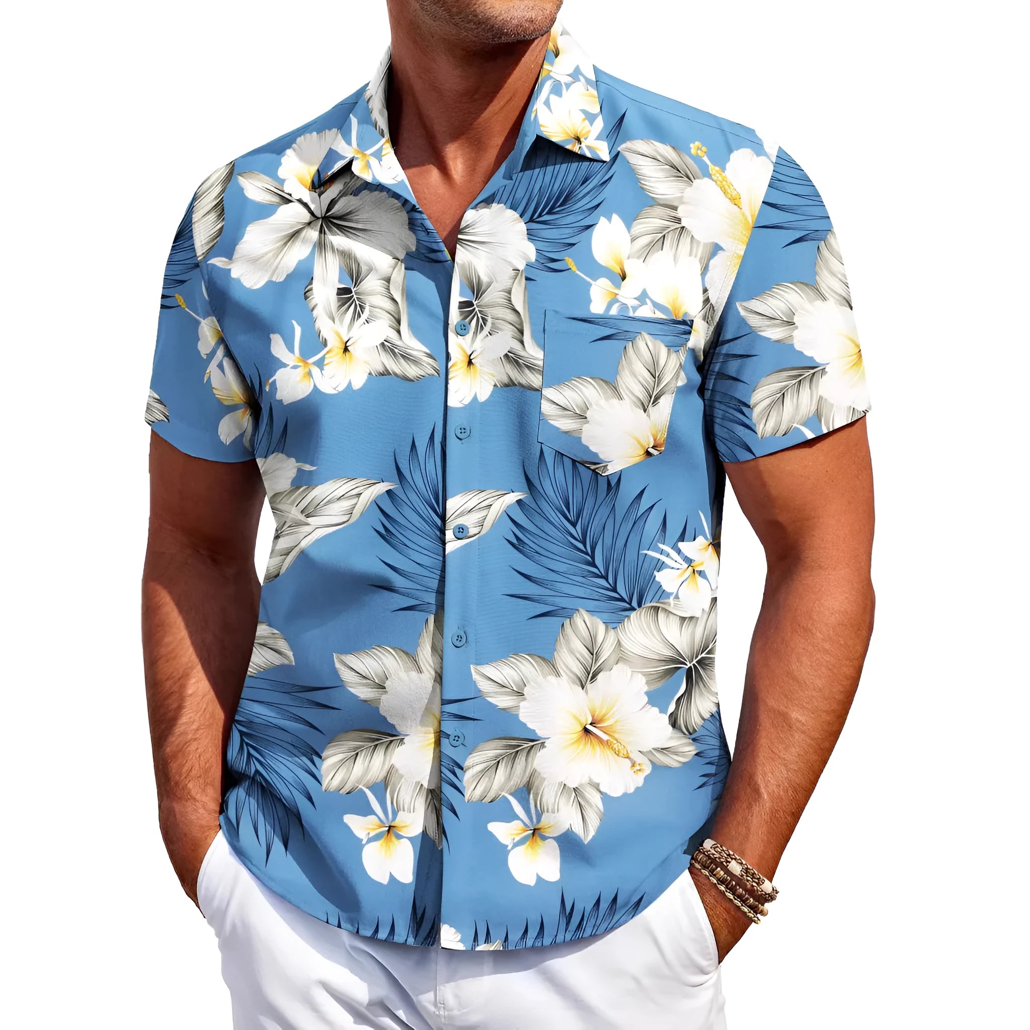 Man wearing a slim fit, short sleeve cardigan-style Hawaiian shirt in a solid colour.