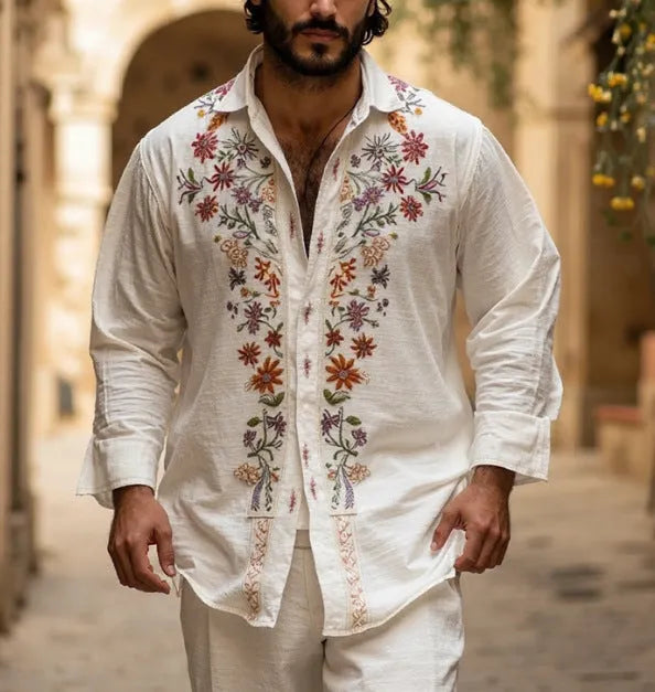 Men's retro style 3D printed cardigan in bamboo linen fabric with long sleeves and loose fit