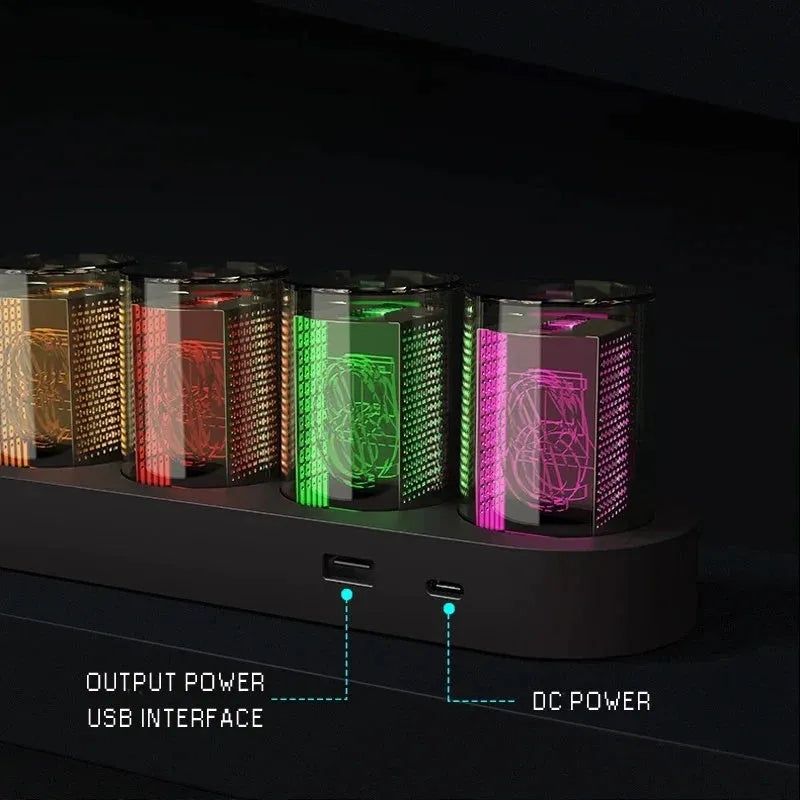 RGB Luminotron LED digital clock showing colourful display on desk