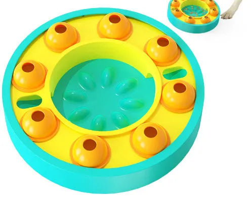 Square blue dog puzzle feeder bowl with a central column and a top turntable for interactive feeding.