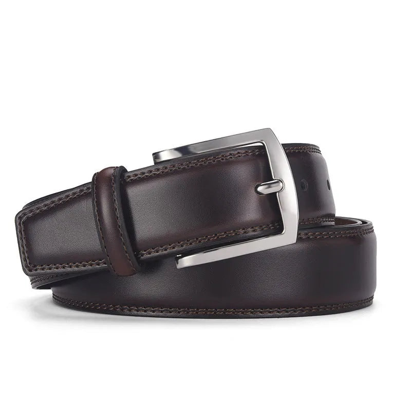 Men's genuine leather belt with an alloy pin buckle shown in a classic brown colour.