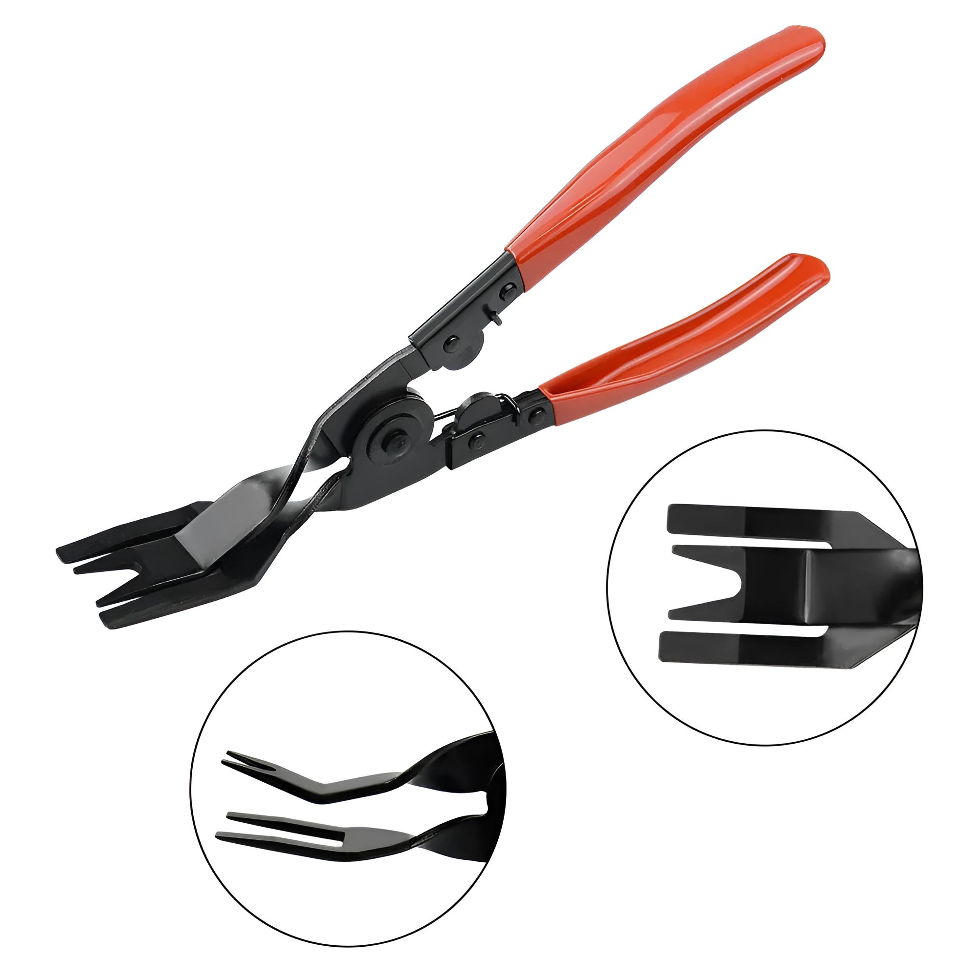 Red-handled steel automotive pliers for General Motors door panel clip removal.
