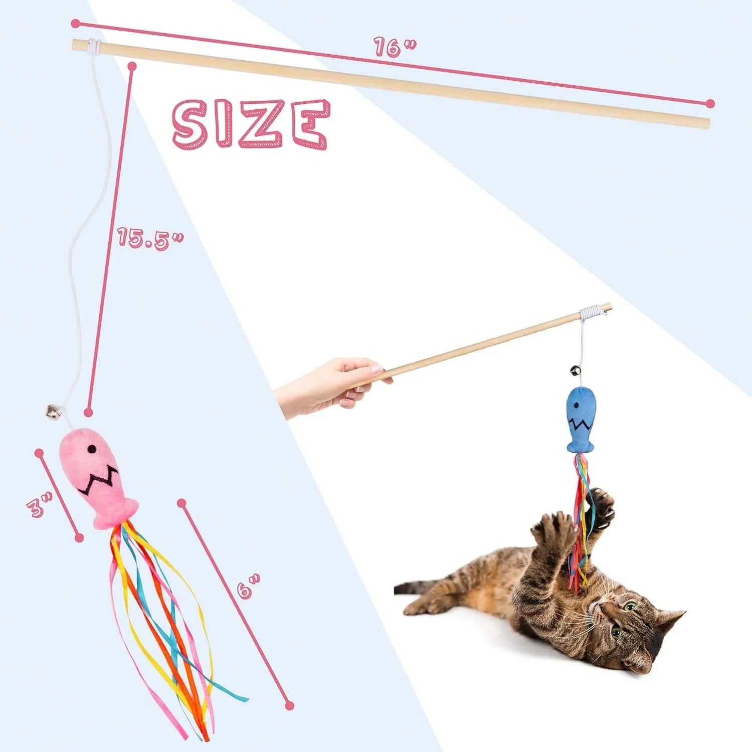 Colourful cat wand toy with ribbons, catnip fish, and bell on a wooden handle for indoor cats