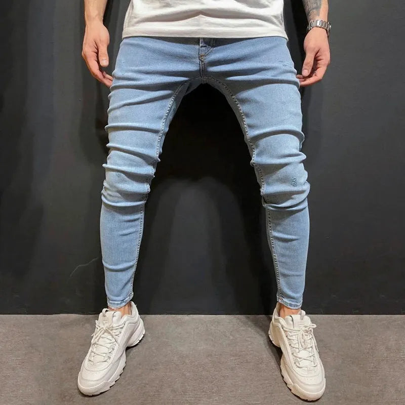 Men blue polyester denim trousers with button placket and mid-waist fit, casual style