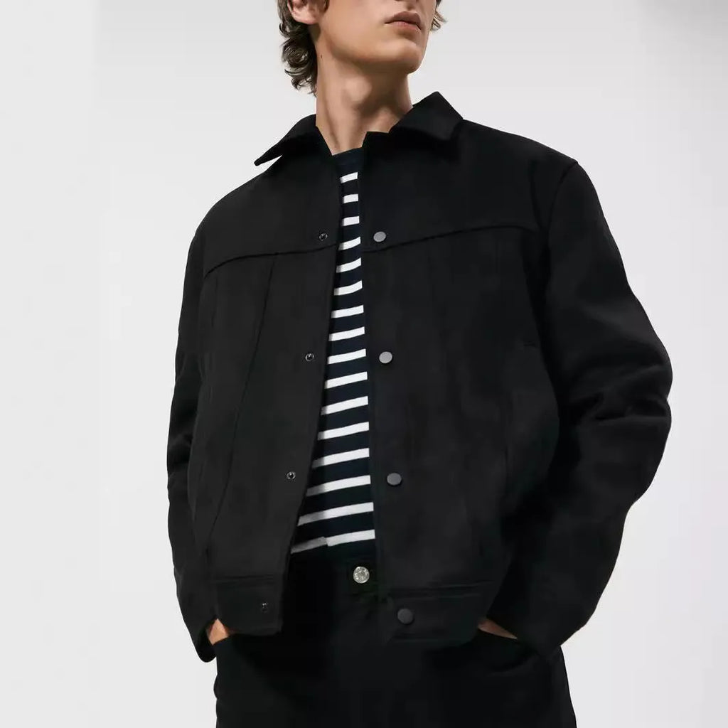 Black men's casual hooded jacket with a textured suede collar and side seam pockets.