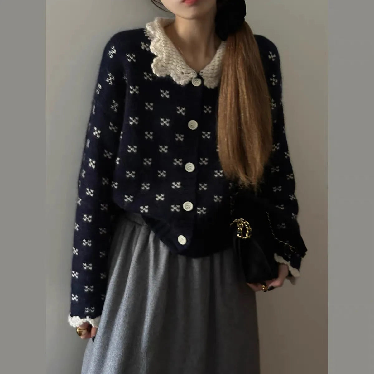 Retro Peter Pan collar knitted cardigan with floral embroidery in navy blue colour