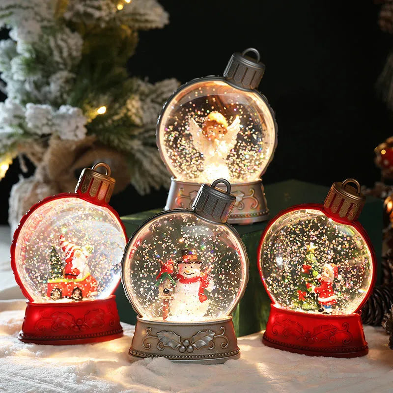 Christmas LED flame light decoration showing four character options: old man, snowman, child tree, and angel designs