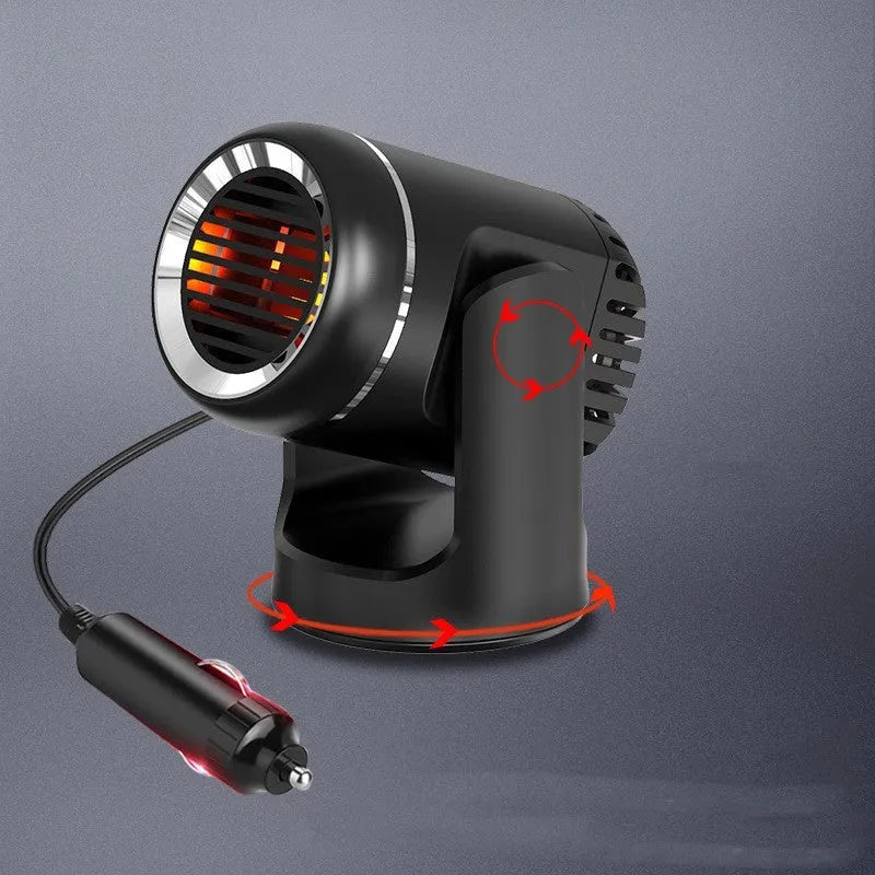 Black and white 12V car heater and defroster with hot cold warm settings for vehicle use