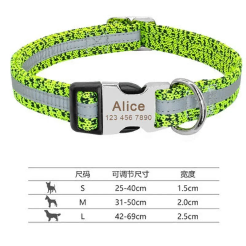 Adjustable dog collar shown in black, green, or rose red, available in S, M, and L sizes.