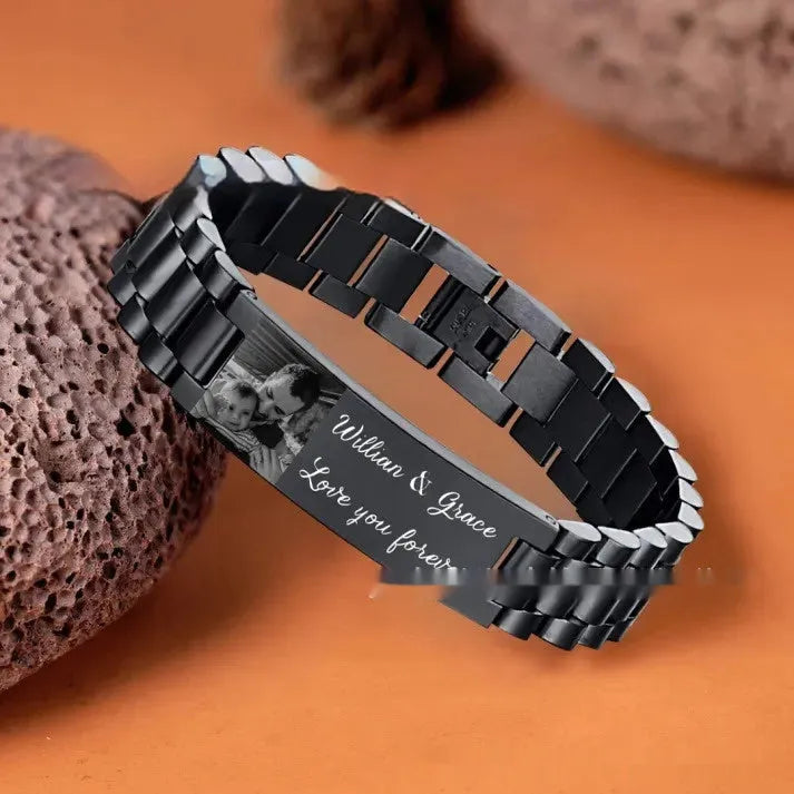 Men's stainless steel lettering bracelet with curved heart shape in black or grey electroplated finish