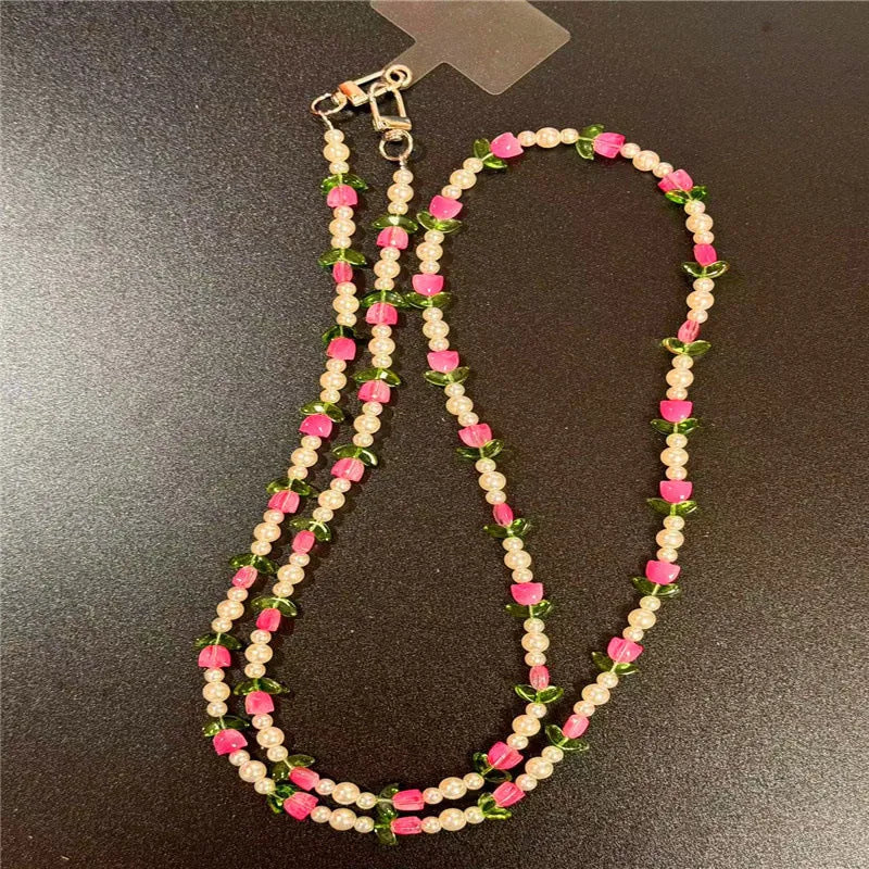 Tulip round beads mobile phone lanyard with card holder, long crossbody chain in PVC