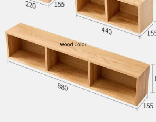 Solid White Oak wall shelf with three lattice grids in walnut colour, mounted on a bedroom wall