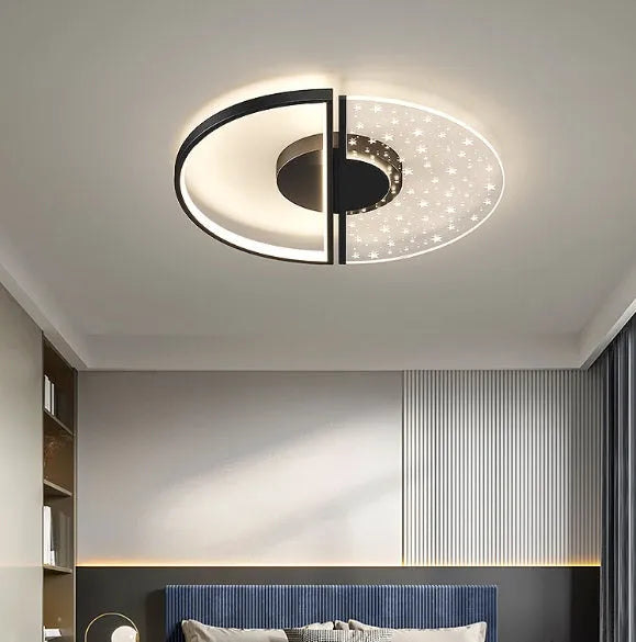 Modern LED ceiling light with monochrome white light, available in 45cm golden feather or 55cm black finish for bathroom