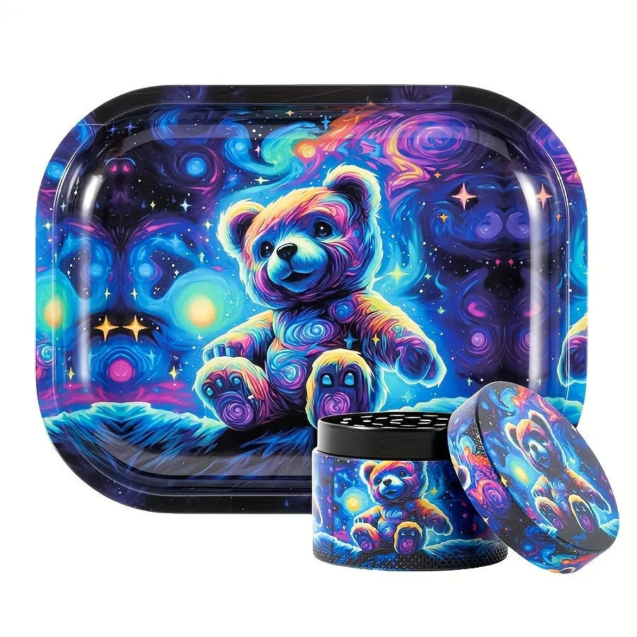 Aluminium alloy four-layer metal cigarette grinder and tray smoking set in Starry Bear colour