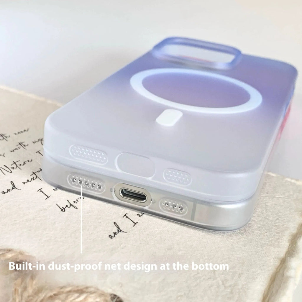 Frosted gradient blue magnetic suction case for iPhone on a white background