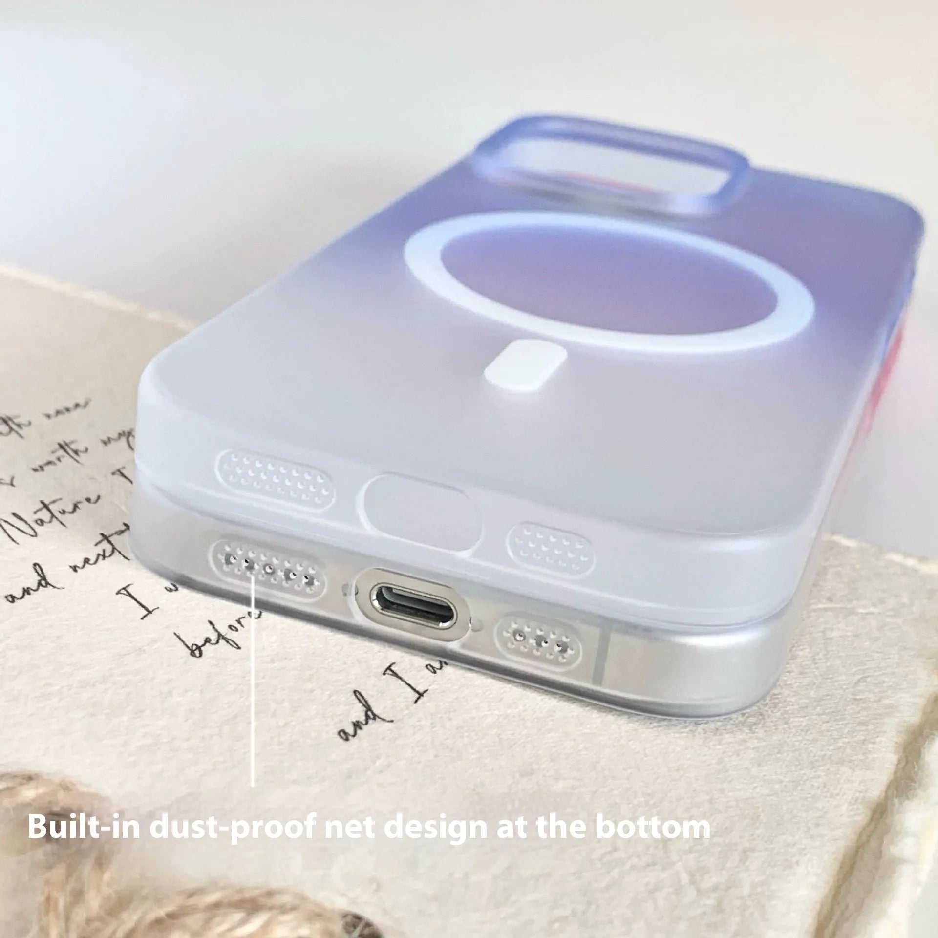 Frosted gradient blue magnetic suction case for iPhone on a white background