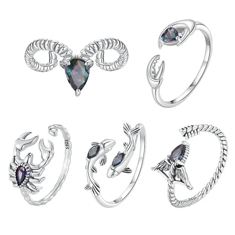 Personalised retro constellation open ring in sterling silver with adjustable opening, zodiac Aries colour option