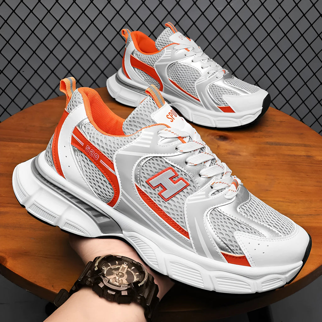 Men's mesh running shoes in black, white orange, and white and grey colours with plastic soles