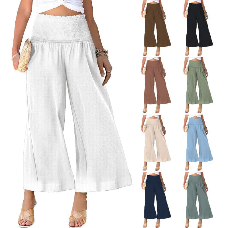 Women's high waist casual trousers in cotton linen blend, cropped length, straight leg with pleating detail.