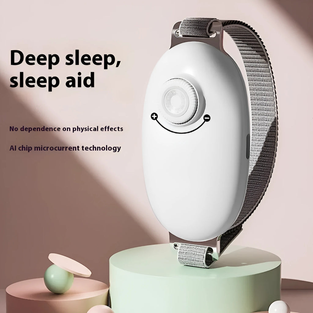 Portable smart sleeping aid instrument with ABS stainless steel body in white, pink, and green colours showing the device and webbing strap