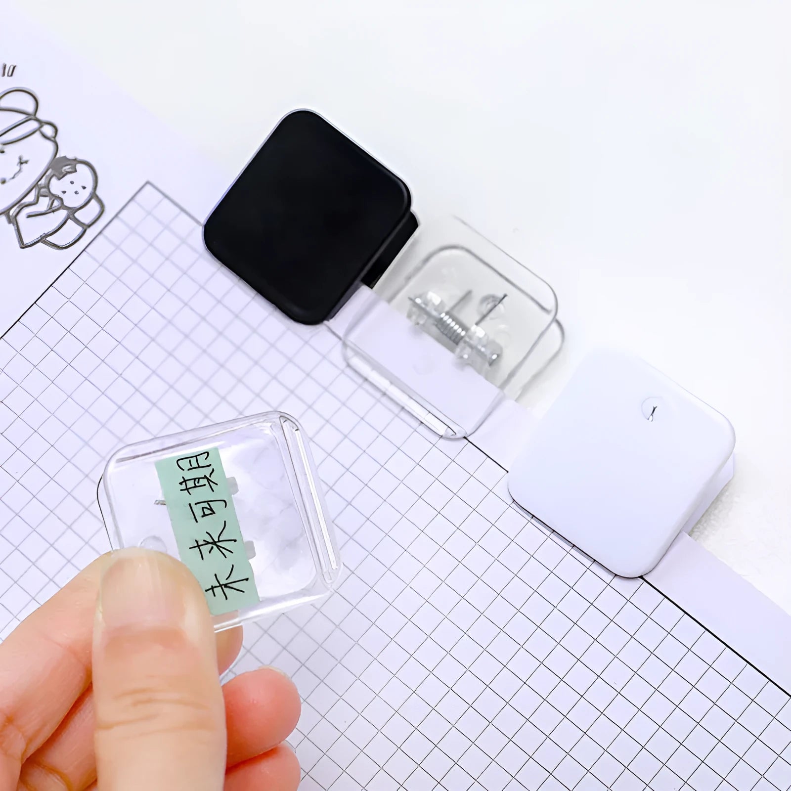 Square plastic photo note holder for polaroids and index cards in white, black, or transparent
