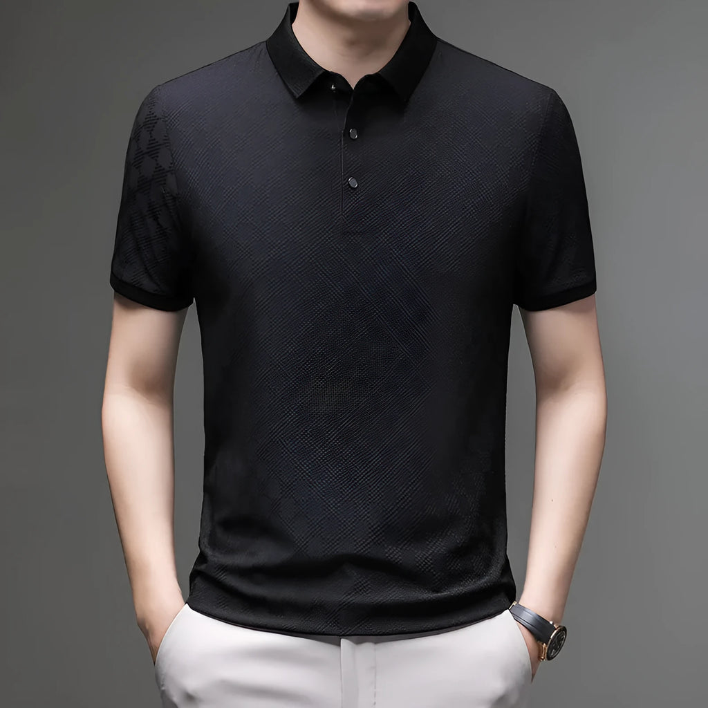 Rhombus patterned thin ice silk short sleeve t-shirt for men in black with a slit detail.