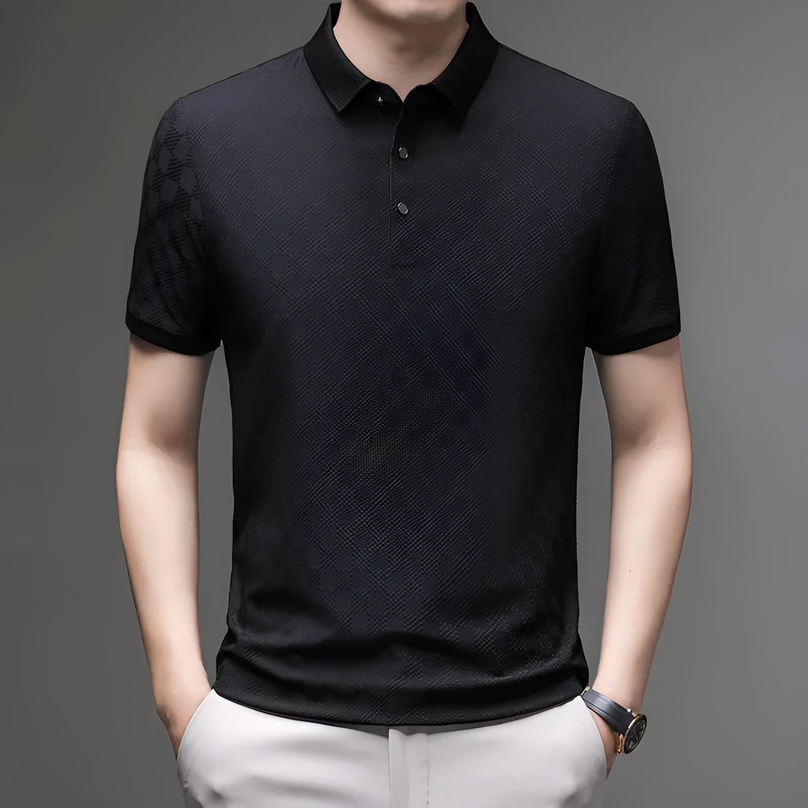 Rhombus patterned thin ice silk short sleeve t-shirt for men in black with a slit detail.