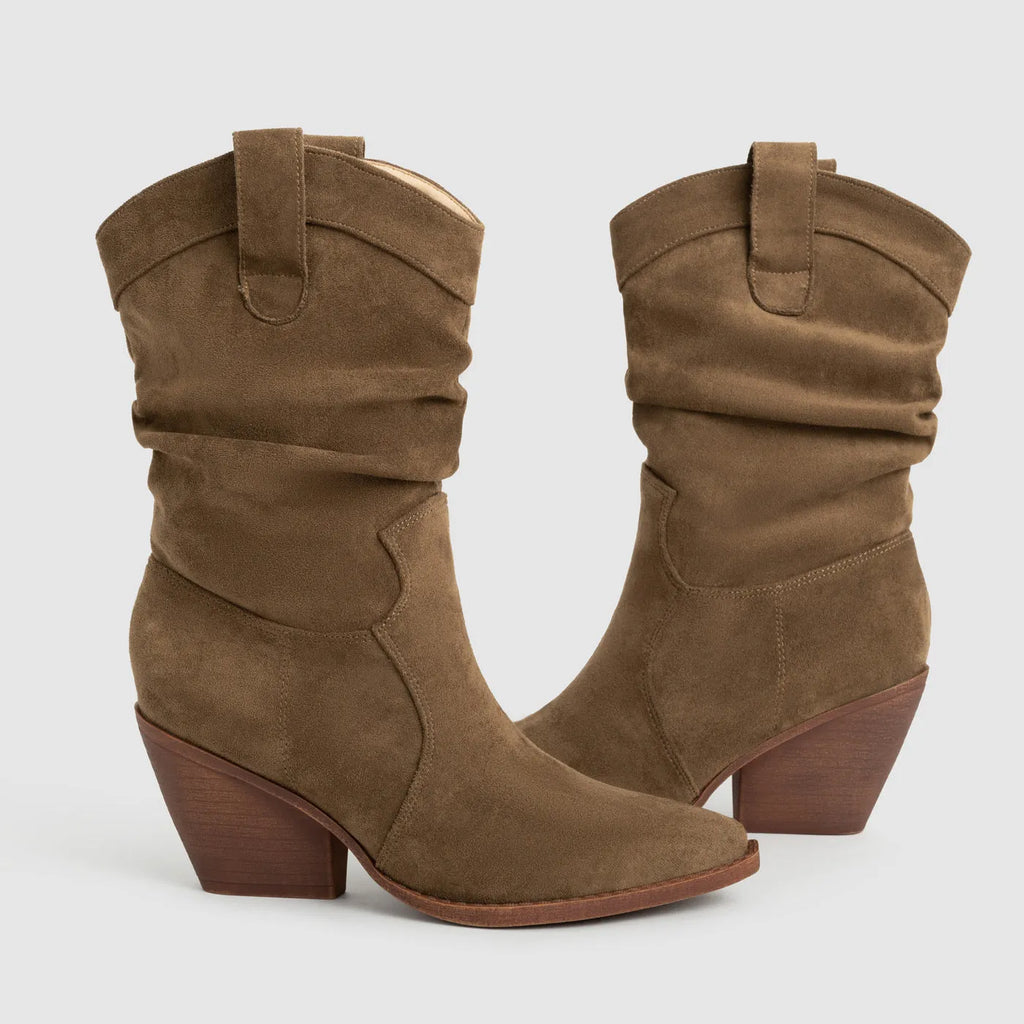 Women's thick heel ankle boots in brown with belt buckle detail and pointed toe