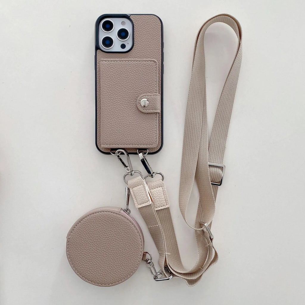 Black PC leather phone case with card slot and attached lanyard for iPhone, shown alongside credit cards.