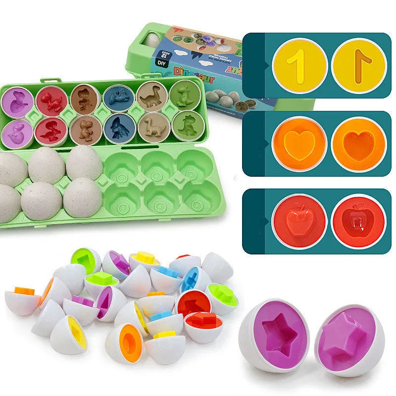 Set of 12 BPA-free plastic educational egg toys in green with shape matching and storage case