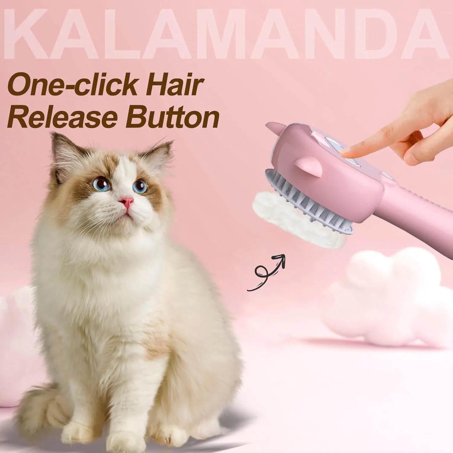 Blue cat ear-shaped steam brush for pet grooming with soft rubber bristles and release button