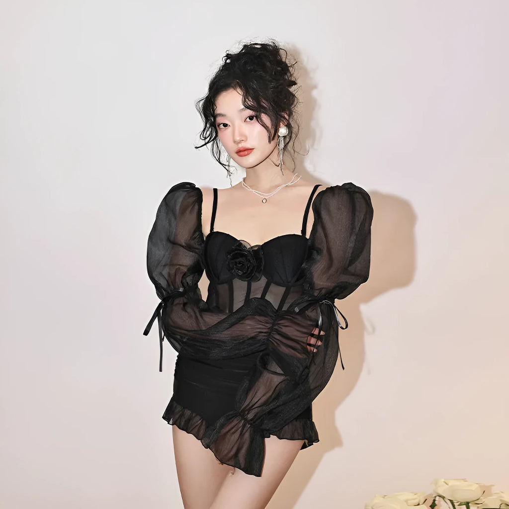 Solid black one-piece swimsuit with lace puff sleeves, high-waist tight fit for women swimming