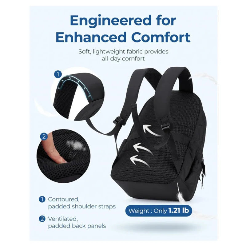 Nylon travel laptop backpack 30x20x44cm in black with air cushion shoulder straps and plaid stitching detail