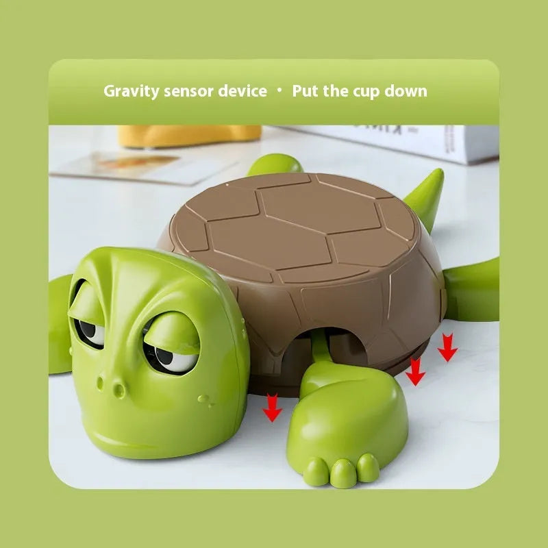 ABS plastic turtle coaster in green shape on desk with a glass of water nearby