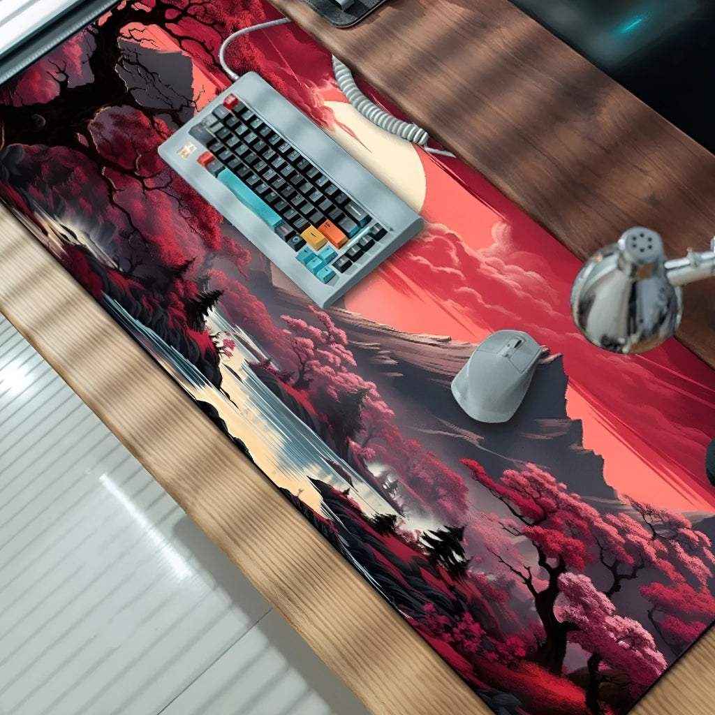 Anime style gaming mouse pad desk mat with non-slip rubber base on a desk.